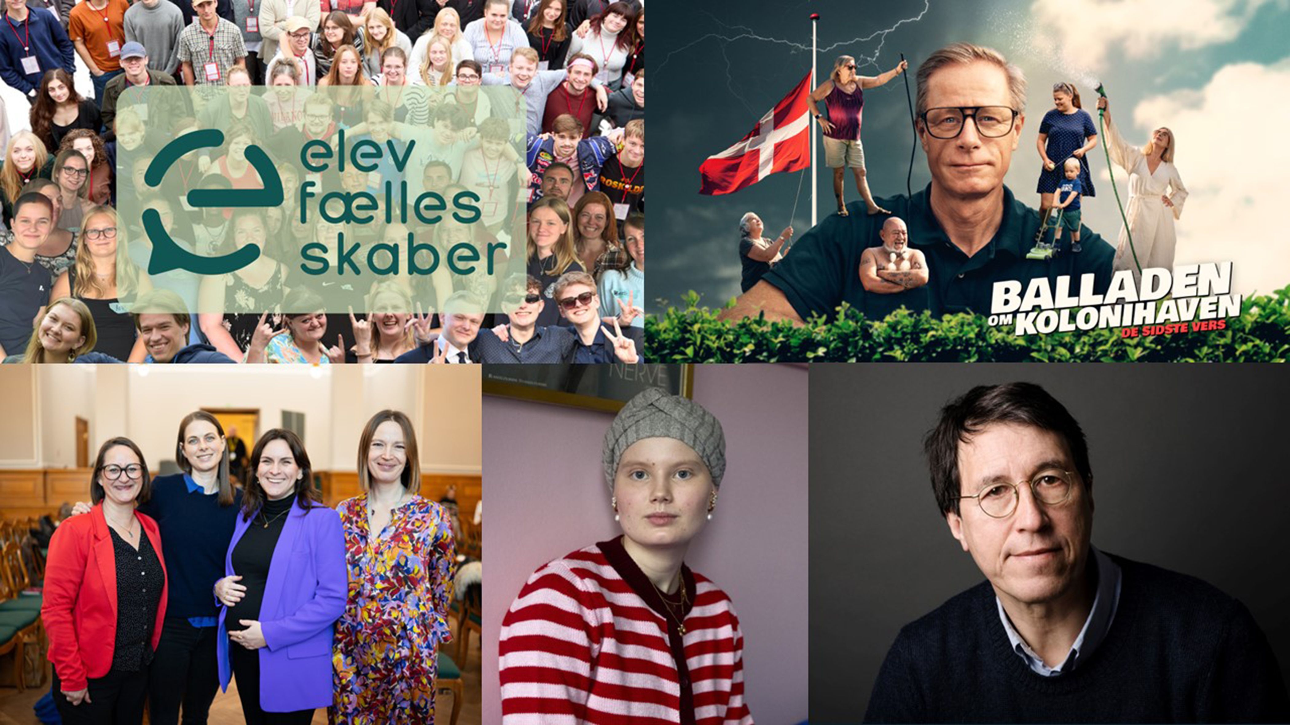 De fem nominerede til årets pris er fra øverste venstre hjørne ElevfællesSKABER, Haveselskabet Jørgen Bertelsens Minde, Alliancen for kvindes sundhed, Marie Holt Hermansen og Minik Rosing. Collage: Caroline Birch (Foto: © Kristian Friis/TV 2 (Haveselskabet Jørgen Bertelsens Minde), Moderaternes presseafdeling (Alliancen for kvinders sundhed), Robert Wengler (Marie Holt Hermansen) og Les Kaner (Minik Rosing).